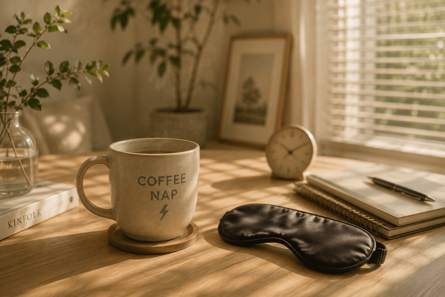 コーヒーとアイマスクを置いた午後のデスク